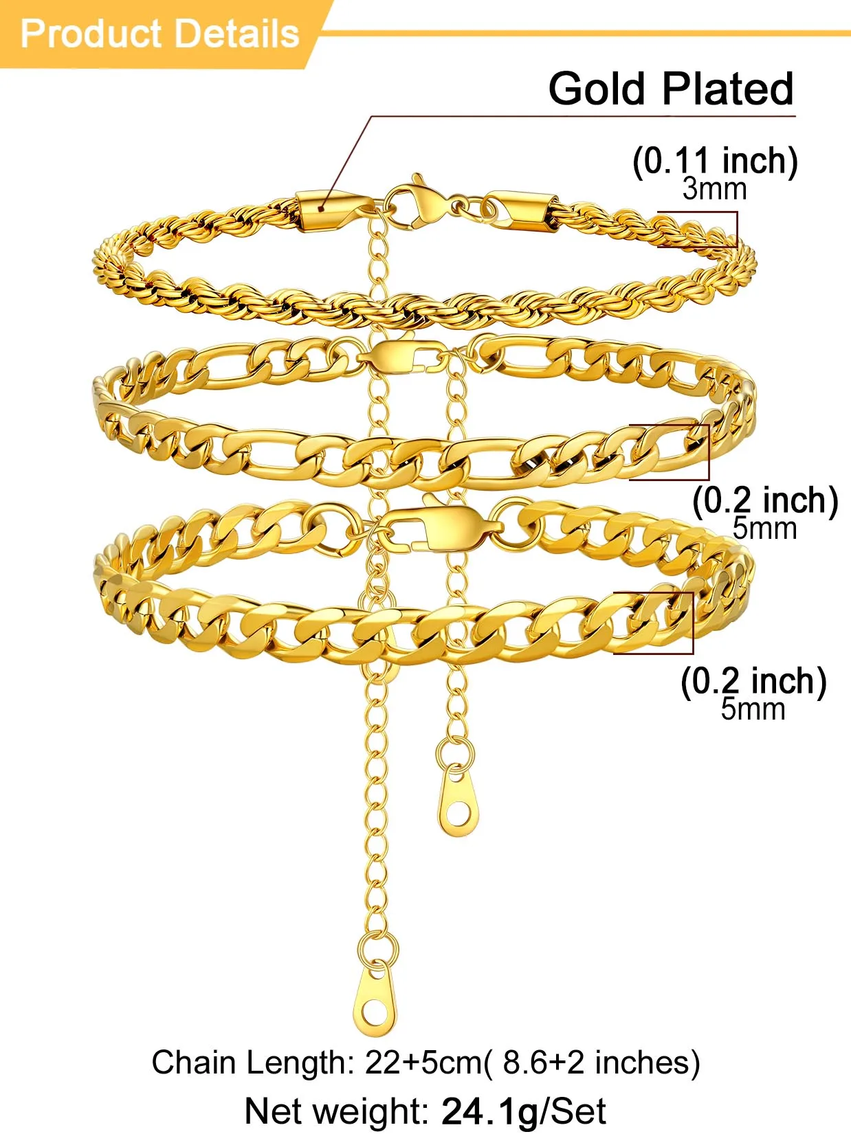 U7 2/3pcs/set Anklets Bracelets Set for Woman Stainless Steel 8.5inches 3/5mm Figaro Curb Twisted Rope Link Chain Beach Jewelry