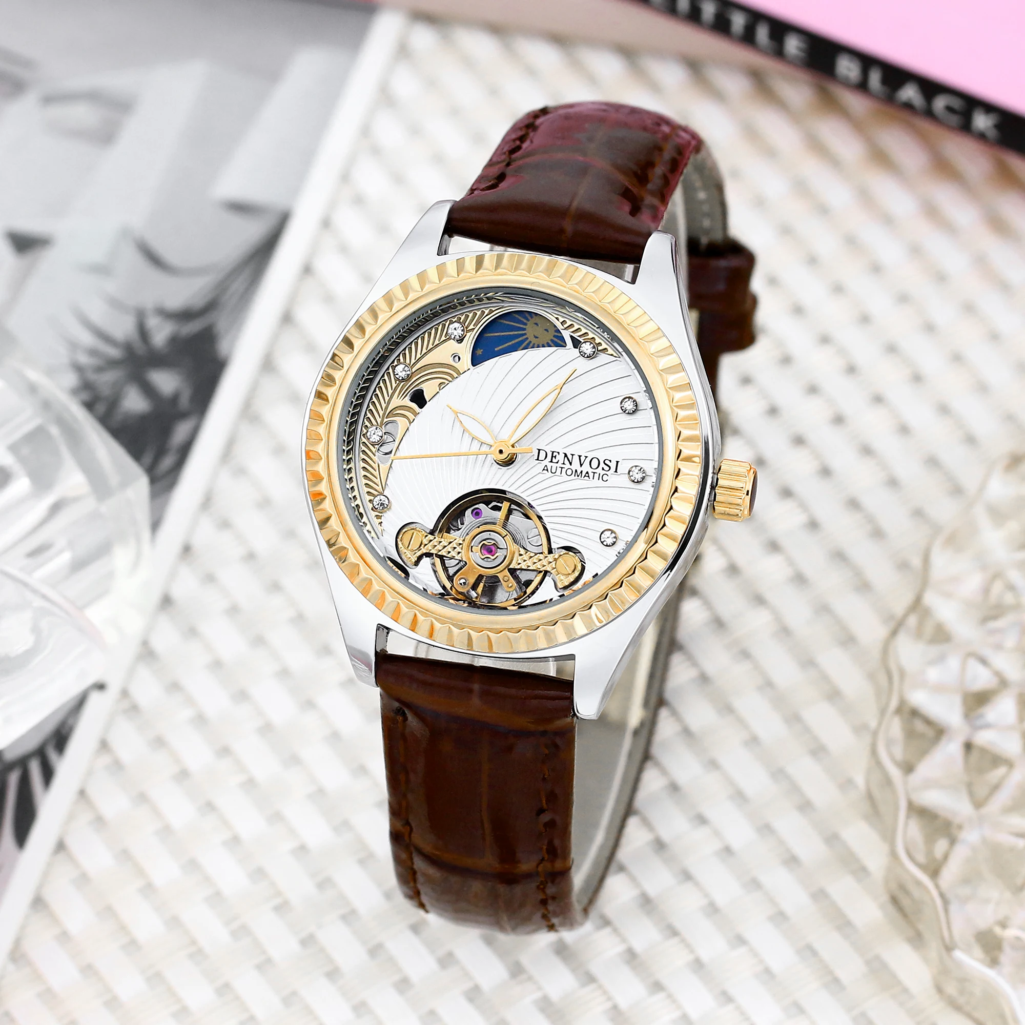 Ladies Flywheel double hollowed luxury fashion casual luminous leather watch with automatic mechanical waterproof wristwatch