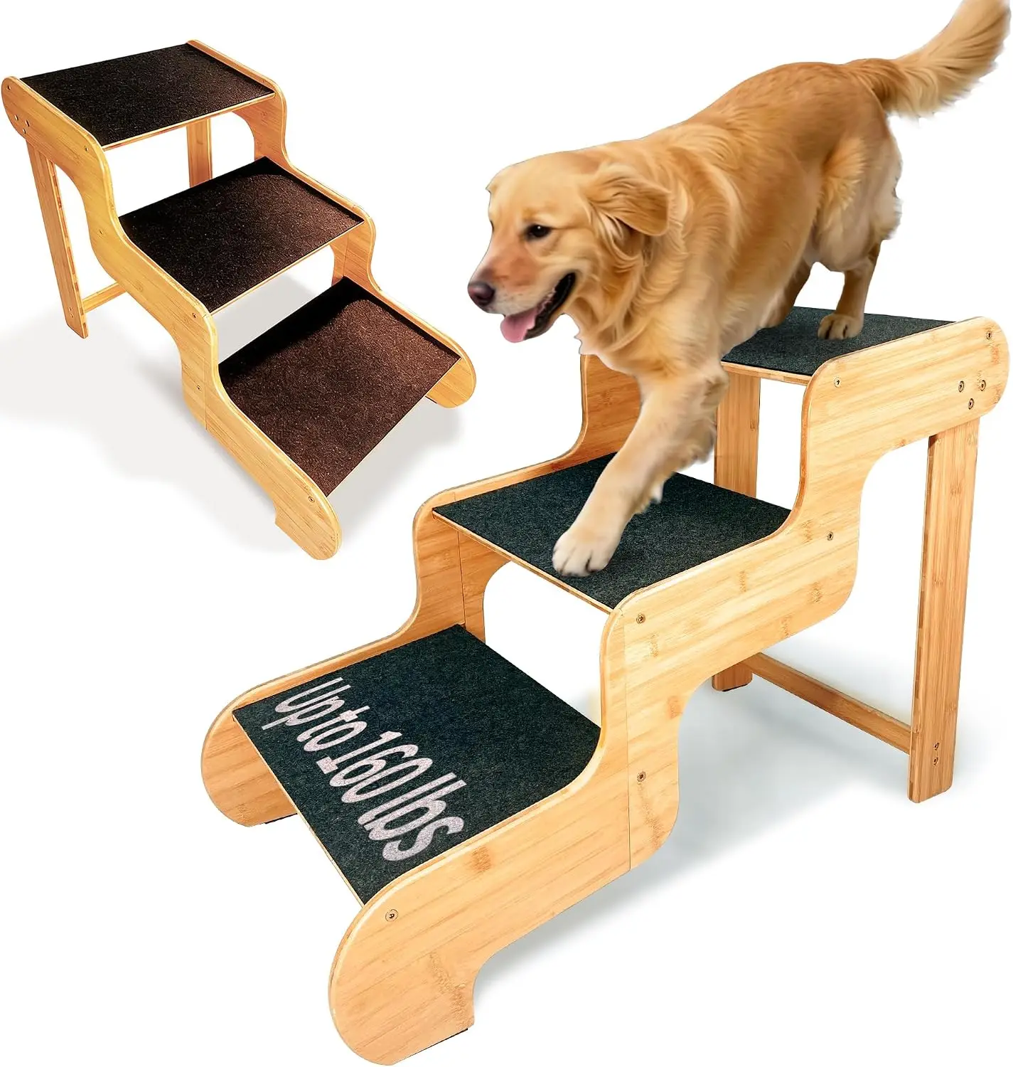 Dog Steps for Bed,Extra Wide Dog Stairs for Large Dogs,3-Step Bamboo Pet Ramp Assist Large Senior/Older Dogs or Pet(Up to 160 Po