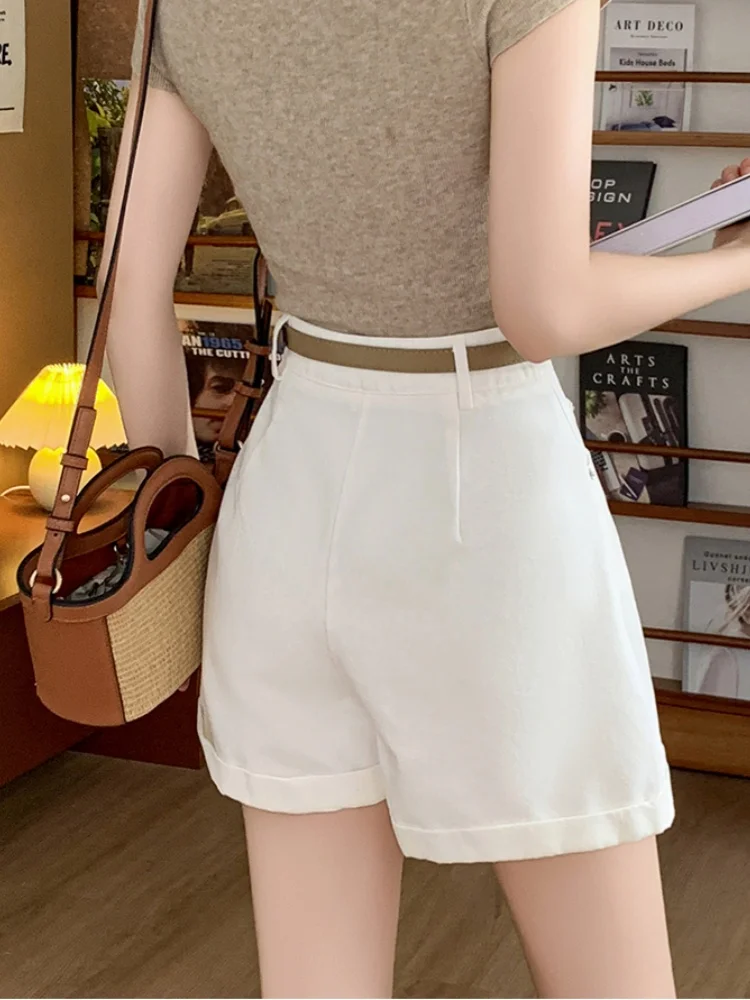 Smthma calções casuais para mulheres verão 2025 lavagem de água workwear shorts soltos a linha magro perna larga shorts com cinto