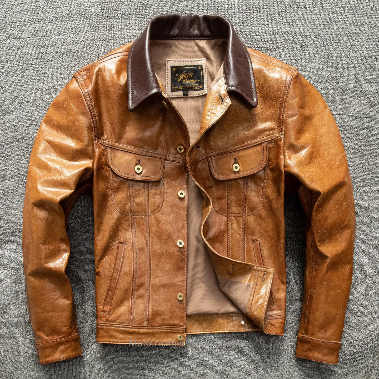 Herren Lederjacke aus Ziegenleder im Storm Rider-Stil mit Revers, Kurze Jeansjacke aus Echtleder, Übergröße