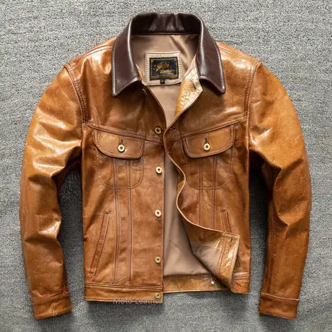 Men's First Layer Goatskin Storm Rider Leather Jacket Lapel Short Denim Style Genuine Leather Coat Plus Size