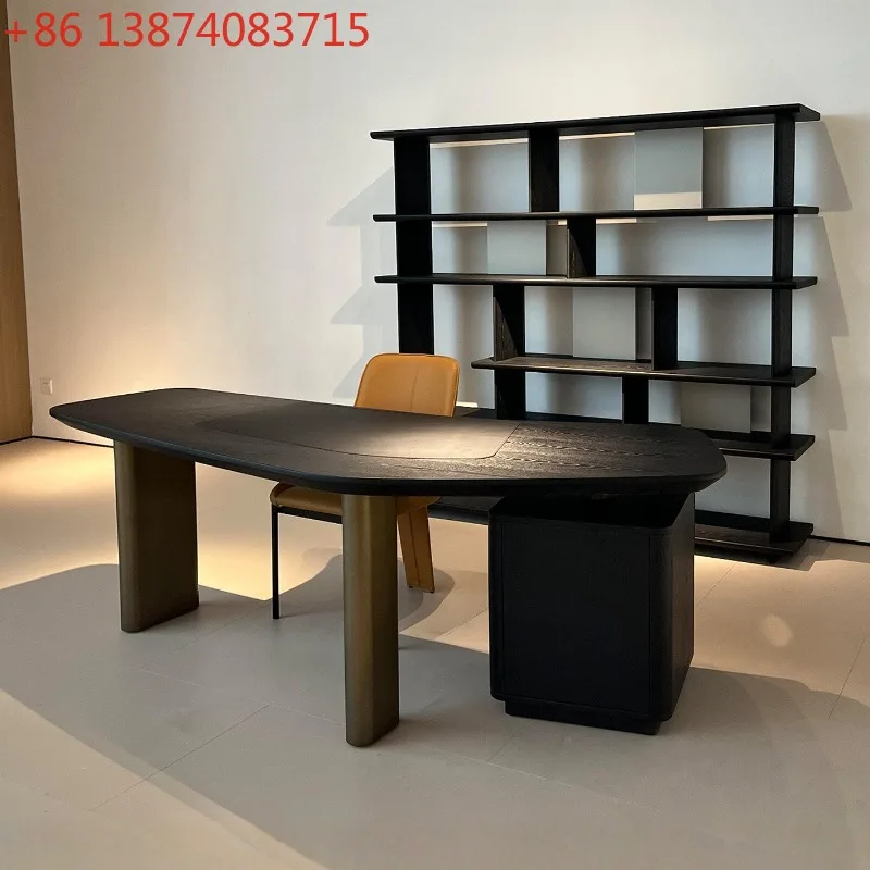 Italian minimalist desk, light luxury special-shaped solid wood desk, curved