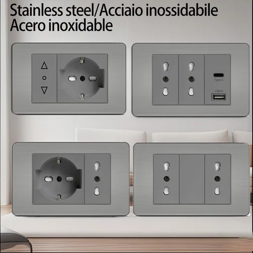 ​ ​ Schuko europeo + enchufe doble chileno - Panel USB-C de acero inoxidable de 118x75 mm para interiores modernos ​