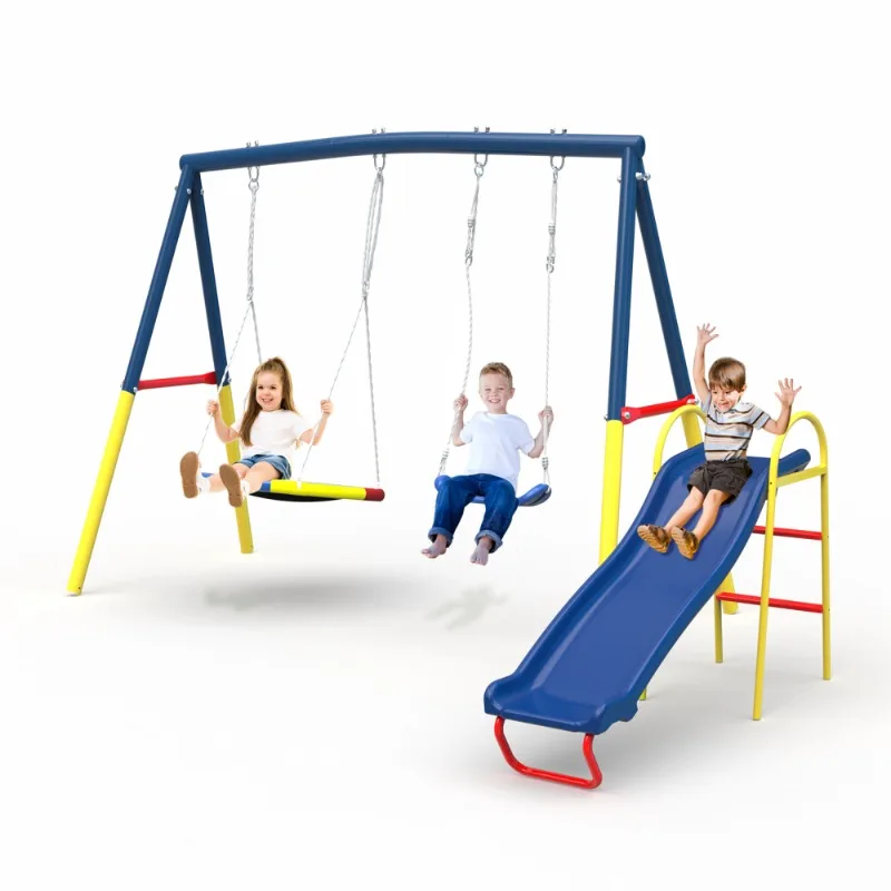 Conjunto de balanço duplo infantil com escorregador, pátio externo, balanço e combinação de slides, brinquedo multiactividade para crianças