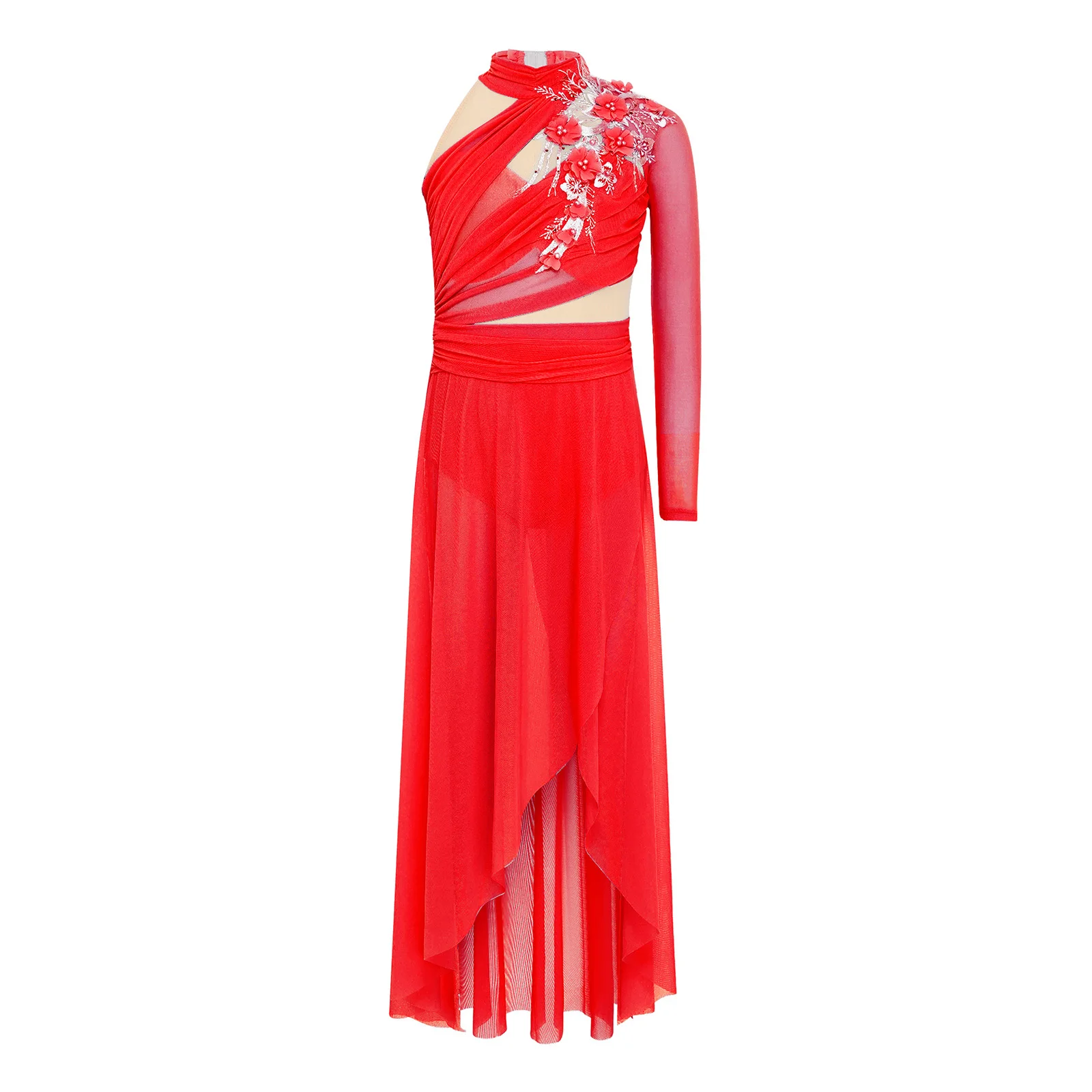 

Kids Girls Applique Lyrical Dance Figure Skating Dress Modern Performance Costume Side Split Asymmetrical Hem Ruched Mesh Dress