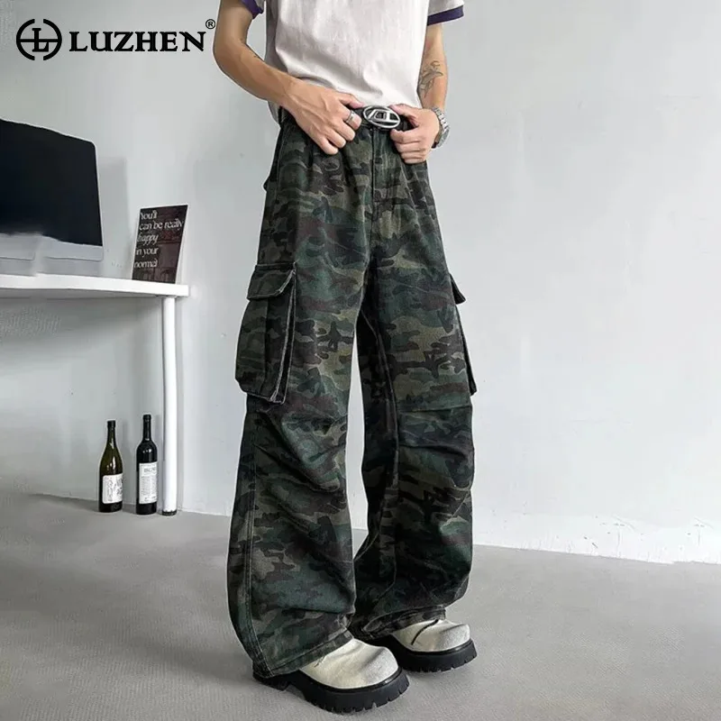 

LUZHEN 2025 новые модные камуфляжные принты с несколькими карманами, украшенные прямыми повседневными брюками, мужские свободные брюки высокого качества JY3913