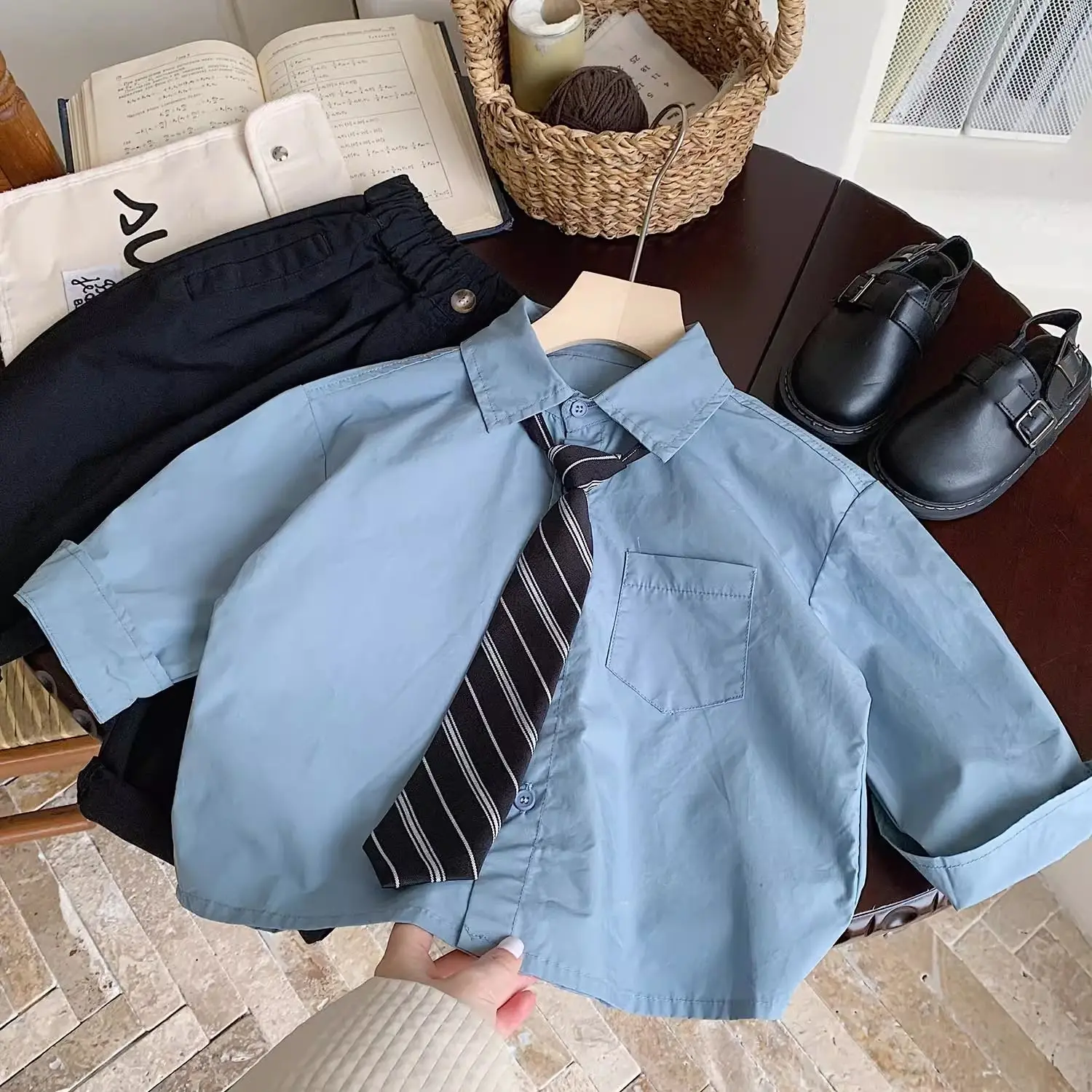 2 PCS set Spring Autumn Boys Clothing set Casual Shirts Pants Tie Kid Children baby toddler Handsome Gentleman clothes 2-10 Year