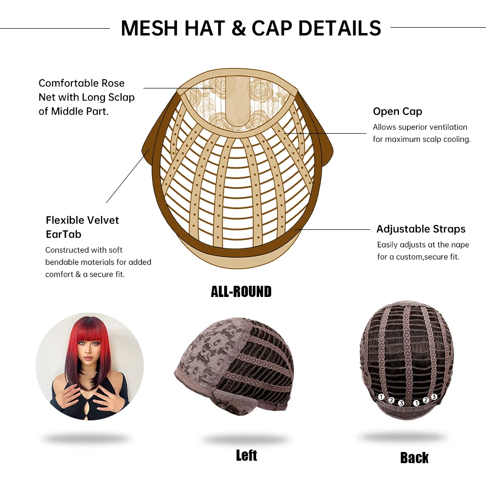 วิกผมสังเคราะห์ตรงยาวปานกลางสีดำไวน์แดงวิกผมพร้อมผมม้าทนความร้อนวิกผมผู้หญิงคอสเพลย์ฮาโลวีน