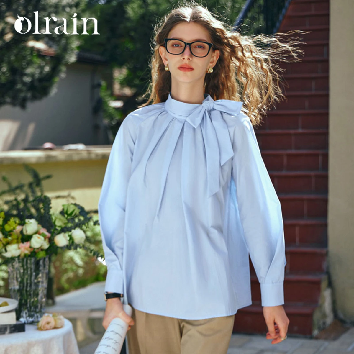 

OLrain Women's Long Sleeve Shirt 2025 Autumn Stand Collar Lace-up Minimalist Blouse Office Wear Elegant Casual Top O24CC90025