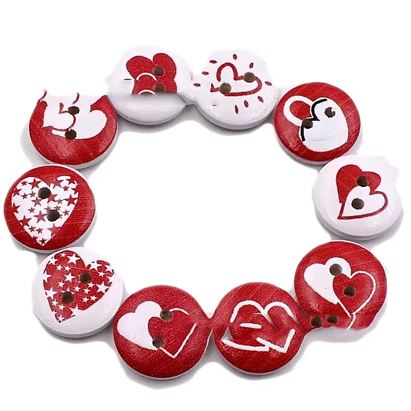 50PCS 2 Hole Wood Round Red Heart Wooden Buttons Sewing 2 Holes Christmas DIY Crafts Embellishments Scrapbooking Accessories