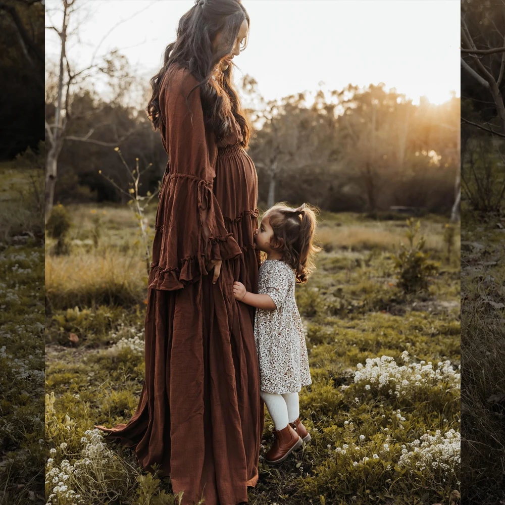 Vestido de fotografía de maternidad, prenda bohemia de lino y algodón con cuello en V profundo, manga plisada de encaje, vestido largo para sesión