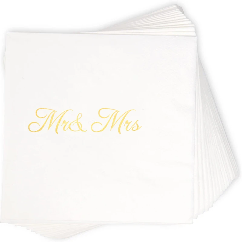 Disposable Gold Foil Paper Napkins, Mr and Mrs Logo, Hot Stamping, Wedding, Valentine's Day, Banquet, 100Pcs