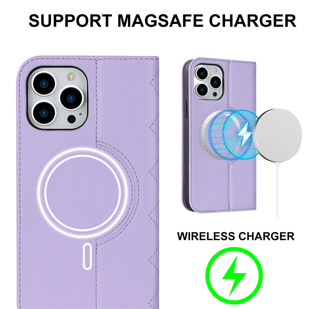 For iPhone 14 13 12 11 Pro Max Wireless Charger with Kickstand Anti-theft Swipe Card Slotting Leather Case Phone Case