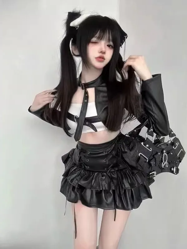 

Spicy Girl Retro Short Leather Jacket Winter Pure Desire Style Tube Top Vest Belted Fluffy Skirt Three Piece Set Women