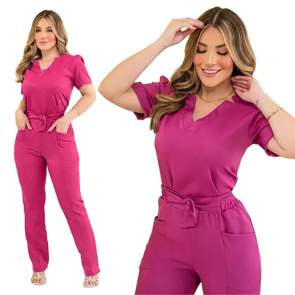 waist bundle Anti Wrinkle Scrub Set Clothing Nurses Spa Hospital Uniforms Womens Beauty Salon Spandex Scrubs  Joggers Suits