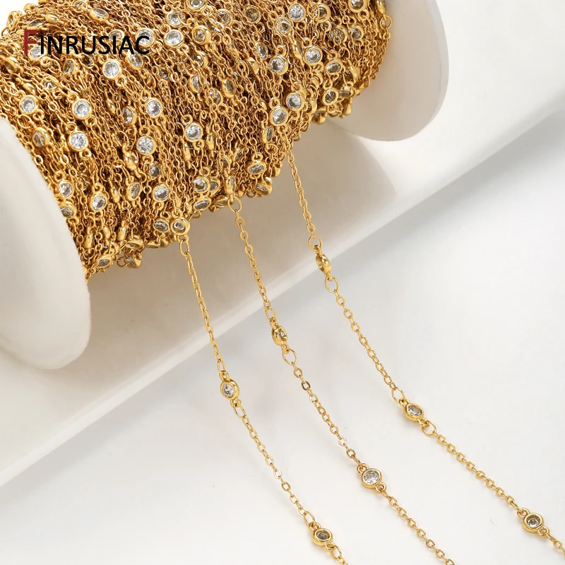 18K Gold Plated Brass Cross Link Chain,4.2*8mm Zircon Beaded Chain for DIY Handmade Jewelry Necklace Bracelet Making Accessories