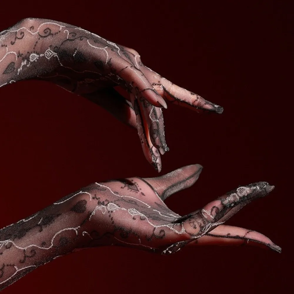 Ultra Thin Sheer Long Gloves Floral Printing Elastic Oil Shiny Gloves Five-Finger Sheer See Through Dance Gloves
