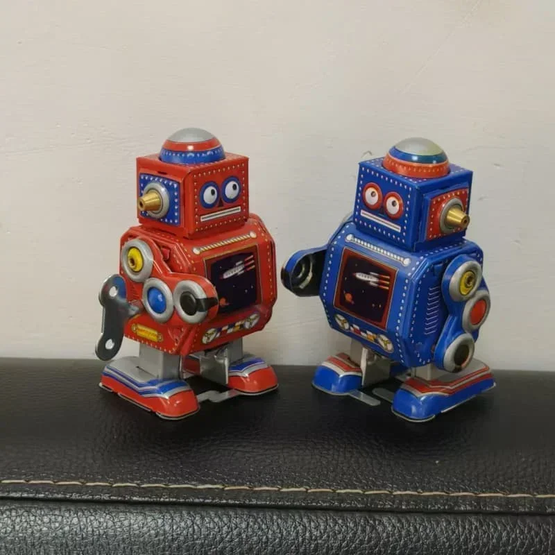 [Divertente] Collezione per adulti Retro Wind Up Toy Tin di metallo Mini-Robot Rosso/Blu Orologio Giocattolo Figura Modello Giocattolo vintage Regalo