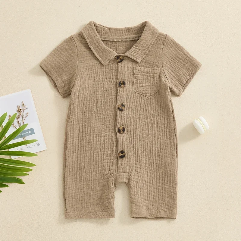 Infant Baby Boy Girl Summer Clothes Linen Solid Color Turn Down Collar Romper Short Sleeve Jumpsuit Bodysuit