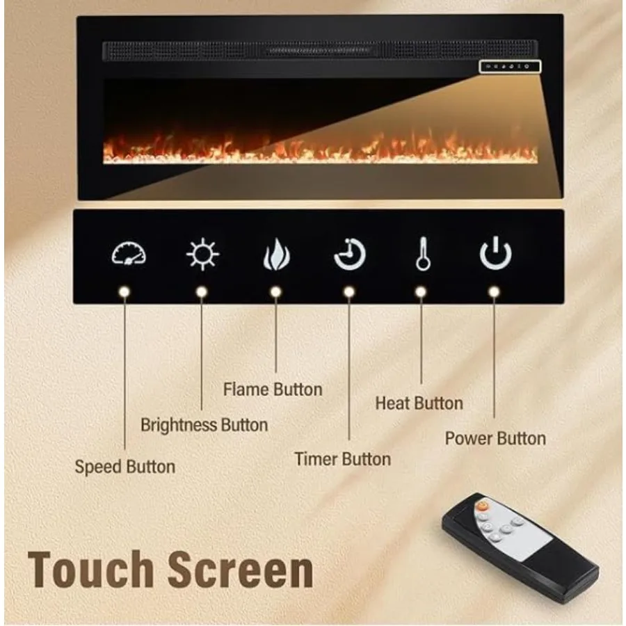 Wall-Mounted or Recessed Electric Fireplace Insert with Timer Touch Screen/Remote Control Adjustable Flame Color and Speed 5000
