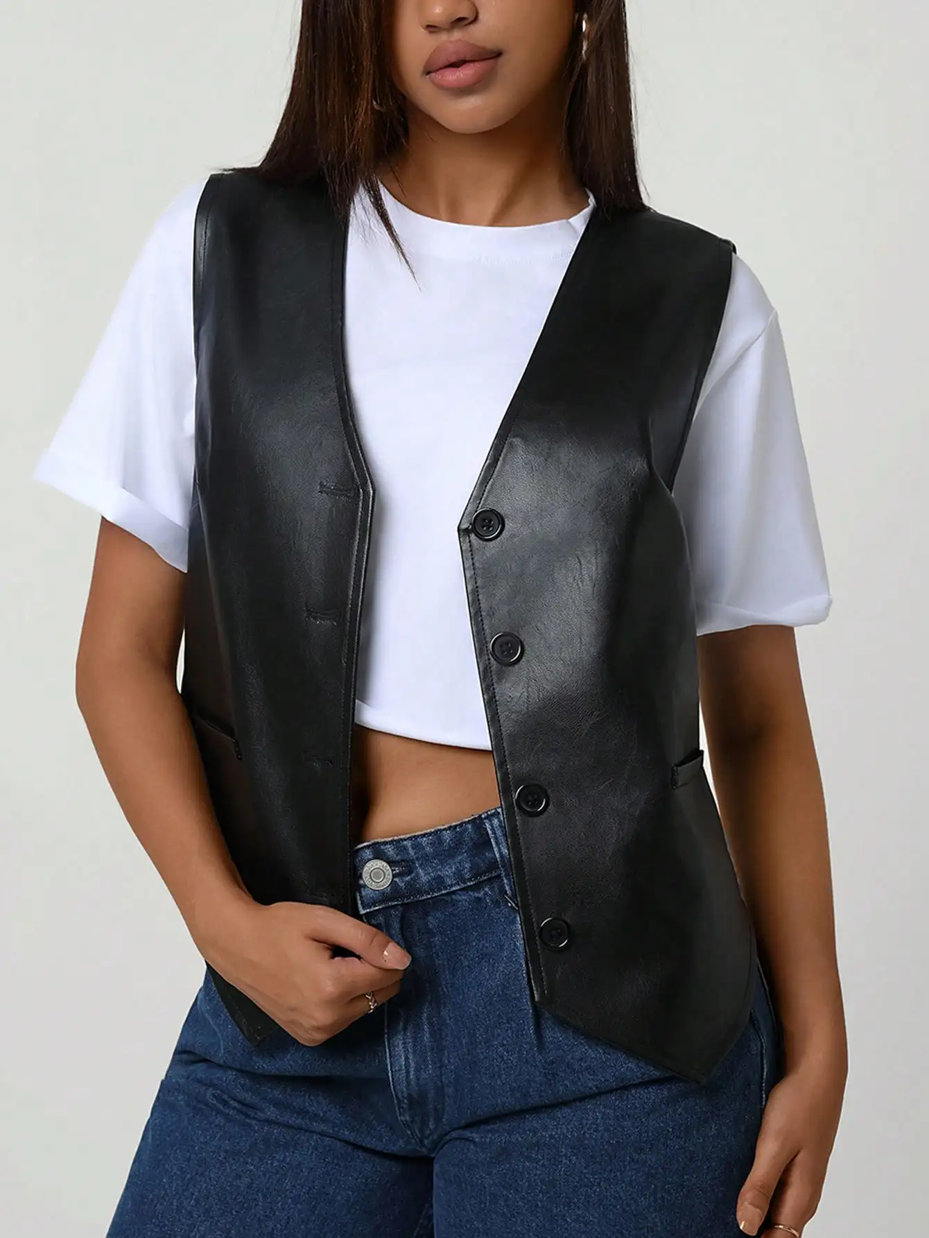 

Women's Vintage Casual Loose Black PU Leather Vest Sleeveless V-Neck Jacket Autumn/Winter Minimalist Style For Daily Wear