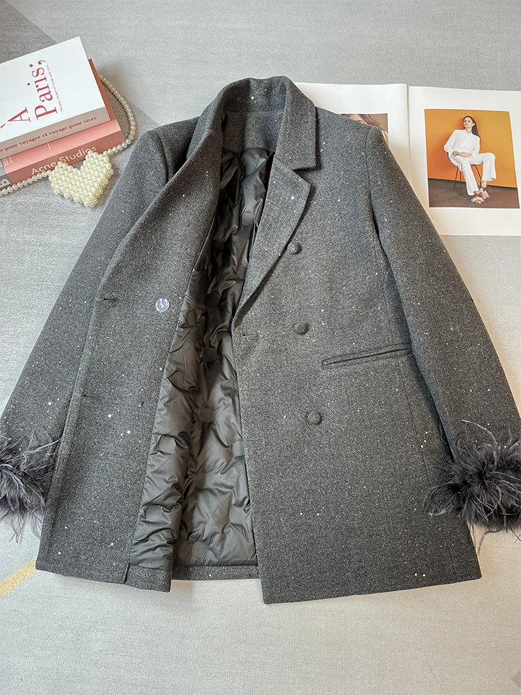 겨울 여성용 다운 수트 재킷 단색 라펠 패션 두꺼운 코트 신상 더블 브레스티드 루즈 출퇴근용 상의