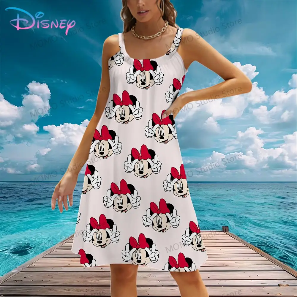 Women's Beach Dress Minnie Mouse Sling Disney's Mickey Fashion Leisure Lovely Evening Dresses 2024 Street Wear Female Clothing