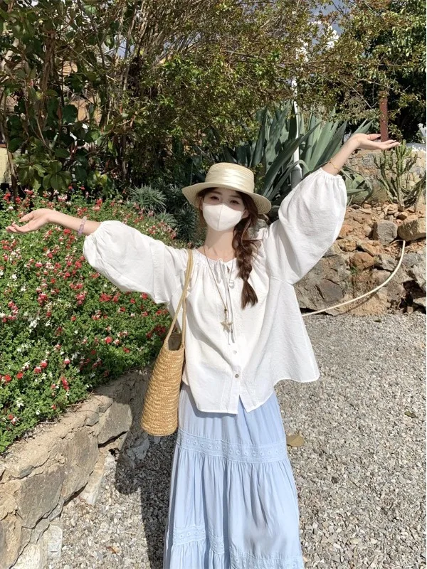 

Женская рубашка в корейском стиле с рукавами-фонариками, повседневный свободный топ с поясом, весна 2026, новая модная коллекция, защита от солнца