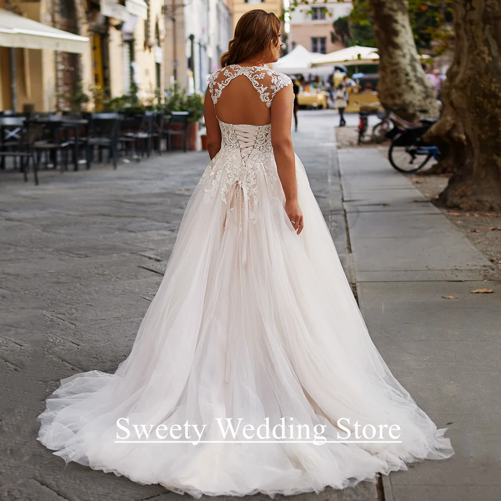 فستان الزفاف الكلاسيكي مخصص كاب الأكمام مغرفة الرقبة الدانتيل زين الاجتياح قطار عارية الذراعين مشد ثوب الزفاف Vestido Noiva
