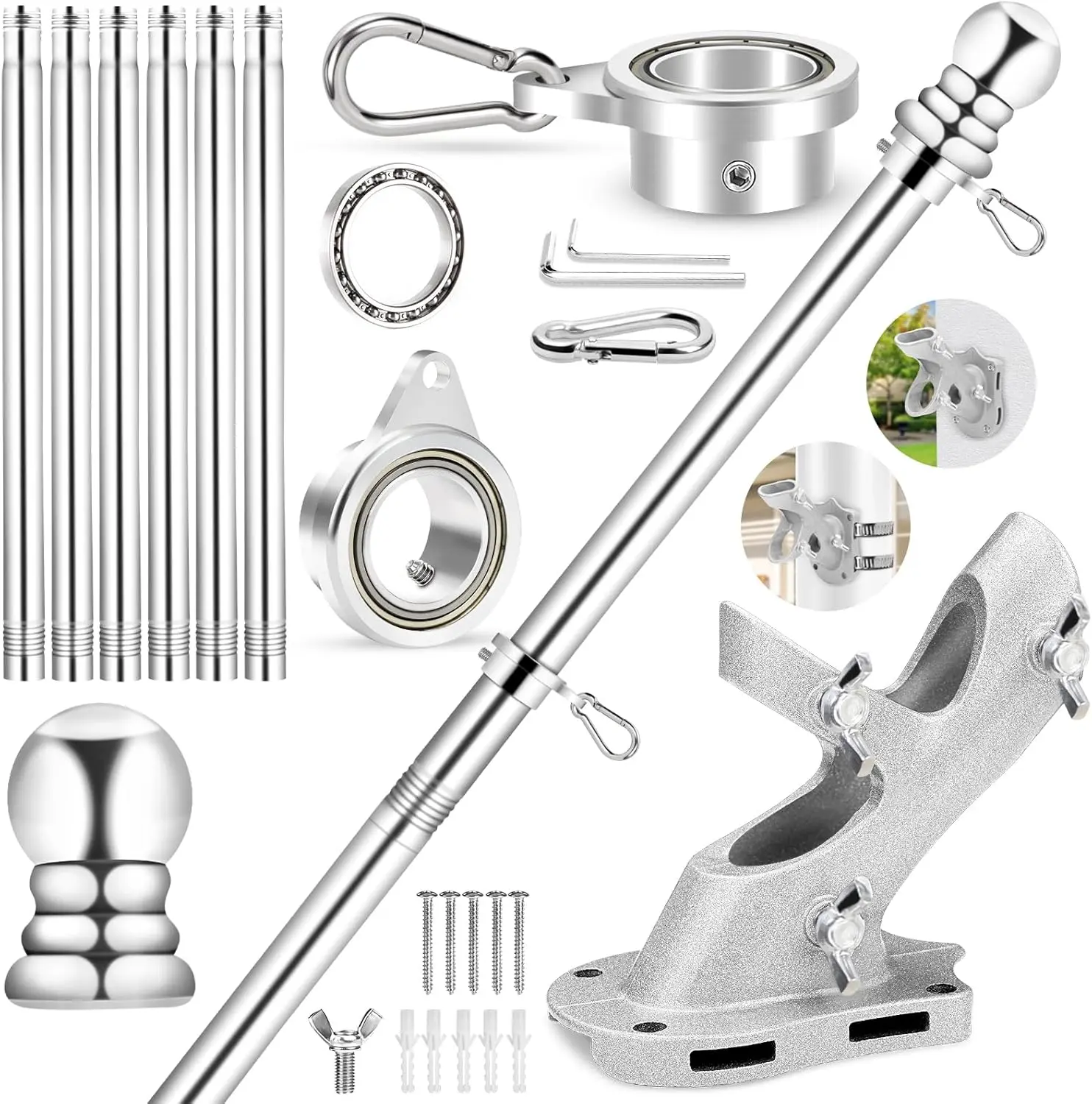 

7 FT Flag Pole Kit with 360° Anti-Wrap Spinning Bearing Rings, 1" Metal Pole for House Porch Wall Mount