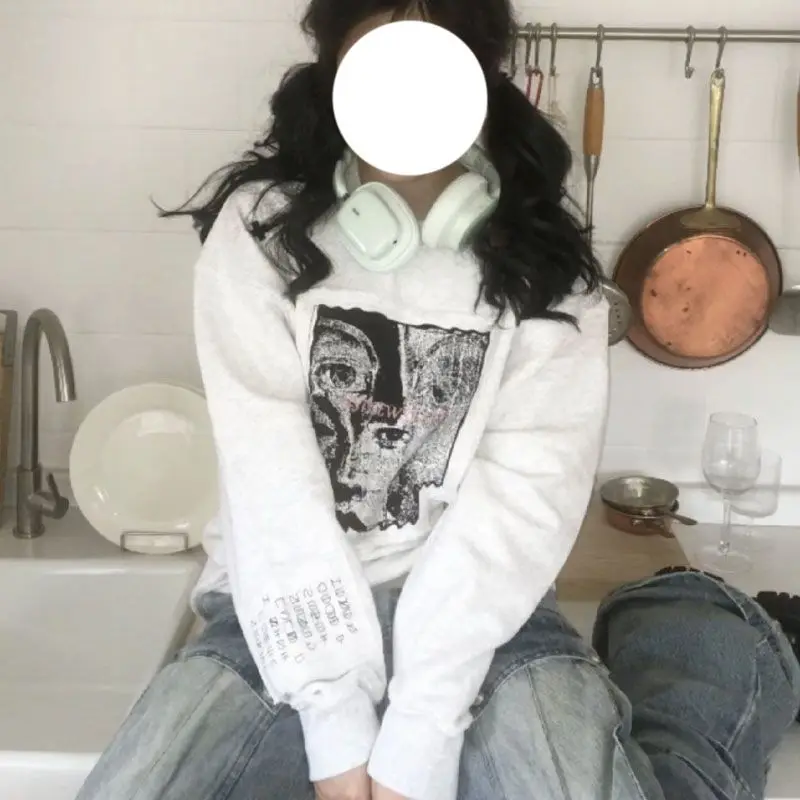 Y2k Graphic Print Patch Sweatshirt Women Autumn Winter O Neck Loose Sports Tops American Vintage Long Sleeve Streetwear