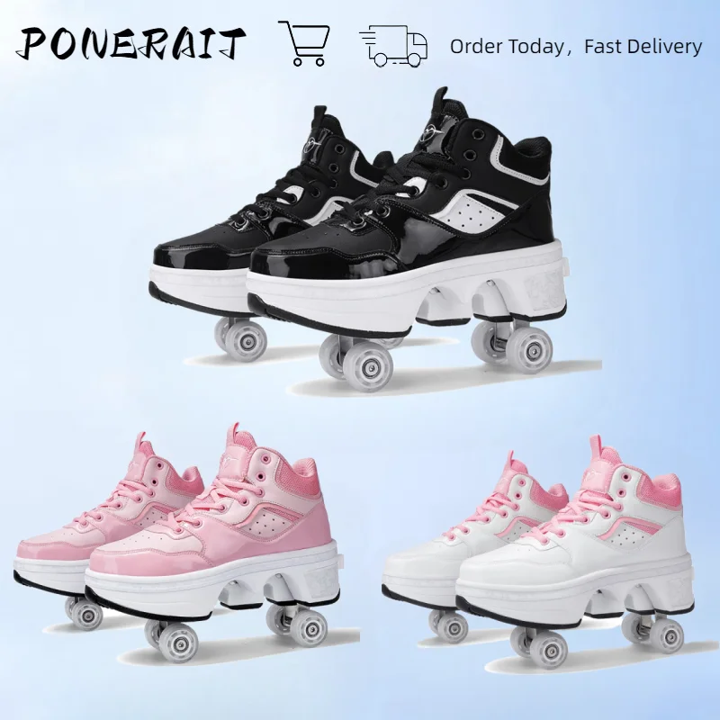 4 Wheels Rollers Shoes For Kids Parkour Deform Sneakers Walking Running Casual Shoe Unisex Outdoor Sports  Roller Skating Shoes