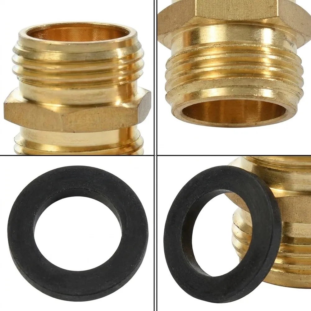 2 Pack Brass Double Male Garden Hose Adapters 3/4 Inch with Washers for Leak Resistant Coupling Between Garden Hoses