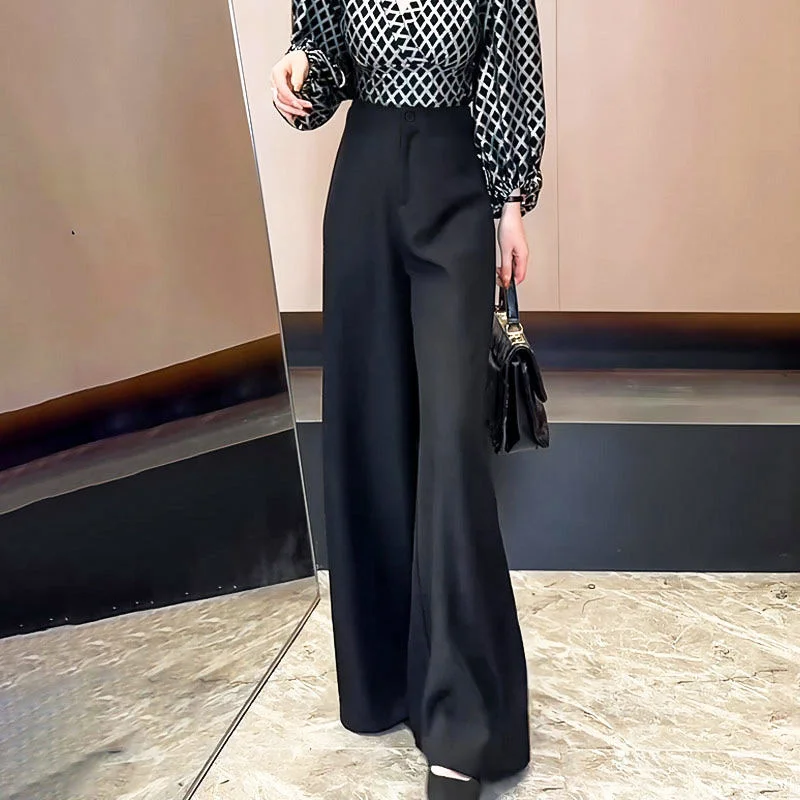 

Новые летние офисные женские широкие брюки, женские элегантные повседневные свободные прямые брюки с высокой талией, черные модные костюмные брюки