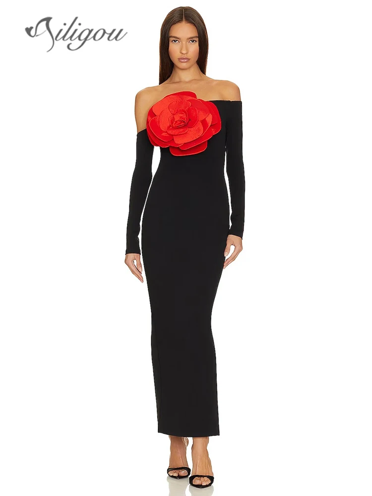 

Ailigou New Women's Black Sexy Off Shoulder Long Sleeve Red Big Flower Tight Long Dress Elegant Celebrity Party Evening Dress