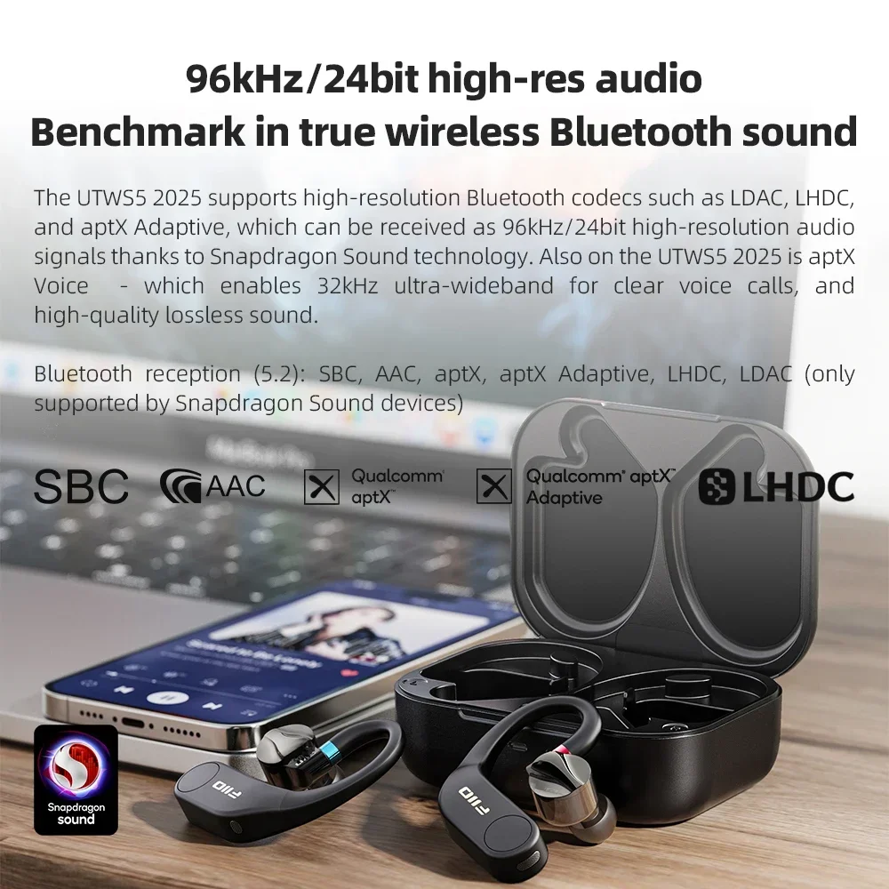 FiiO UTWS5 2025 سماعات أذن لاسلكية حقيقية هوك سماعة بلوتوث مرحبا الدقة 96 كيلو هرتز/24 بت سماعة LDAC-MMCX/0.78 2 دبابيس محمولة للكمبيوتر الشخصي