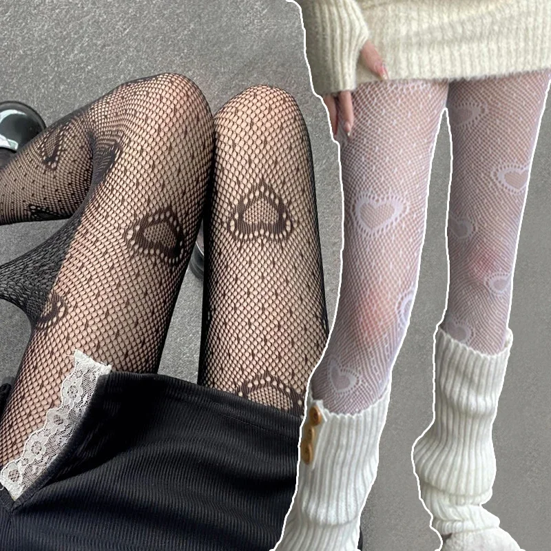 Medias de Rejilla con Diseño de Corazón y Flores, Estilo Lolita Japonés, Pantimedias Blancas de Rejilla para Mujer, Leggings de Verano