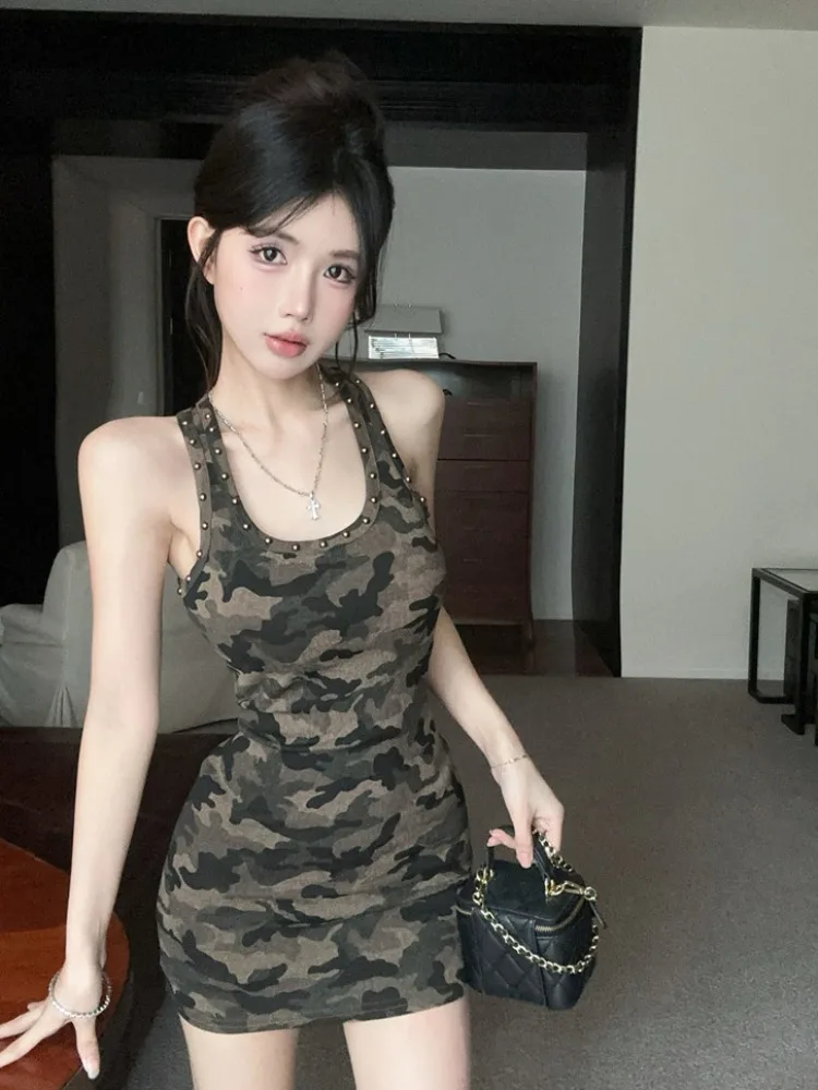 

Sexy American Retro Hot Girl Short Dress Slim Fit Camouflage Print Vest Sleeveless Skirt Women's Korean Style Commute Dress