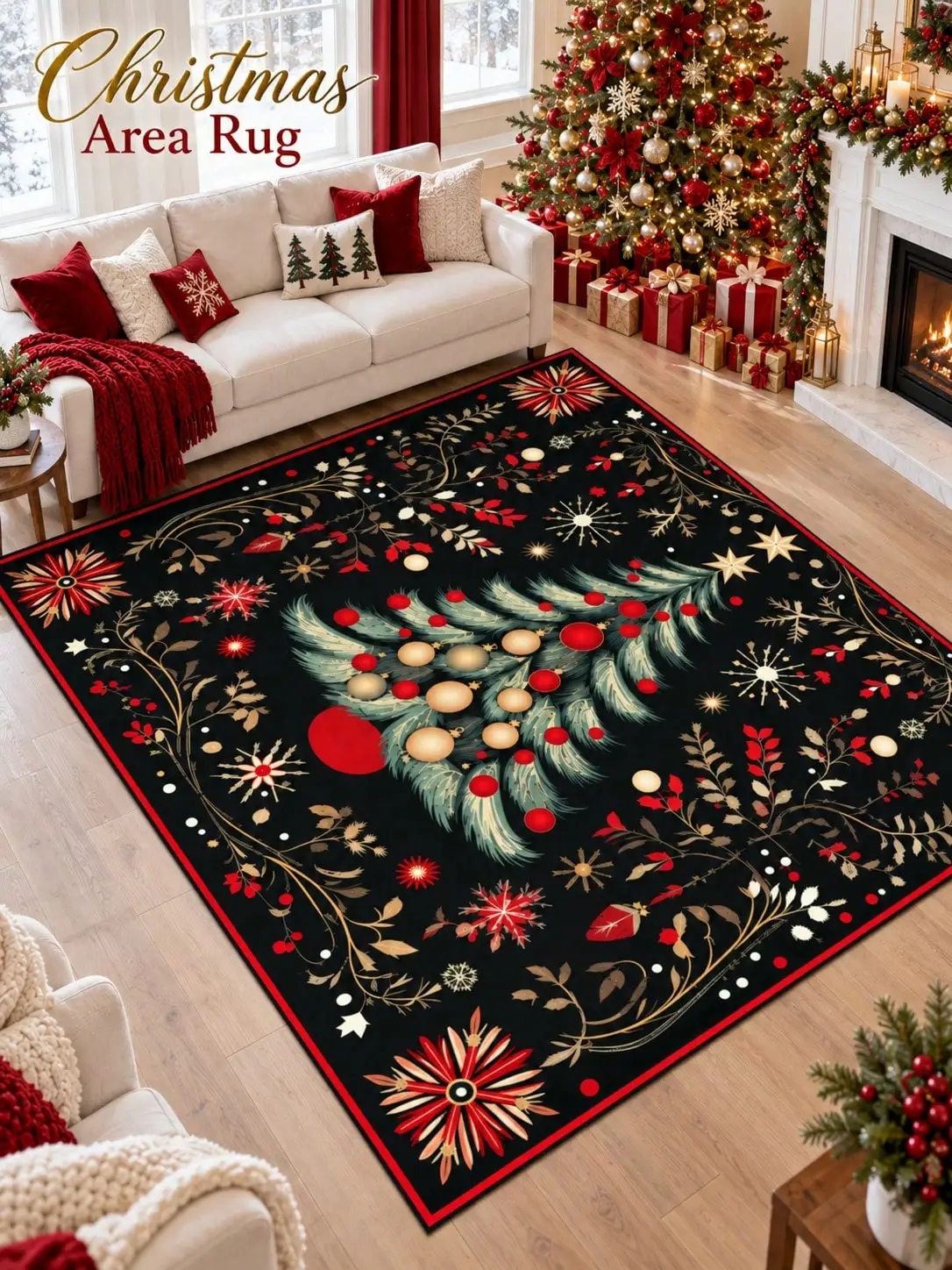 Christmas Rug Tree Baubles Stars Leaves Floor Decor Carpet Living Room Bedroom Dining Area Entryway Apartment Cabin Winter Home Styling Beside Sofa Armchair Housewarming Birthday Gift for Parents Friends Neighbors Homeowners Holiday Family Gatherings