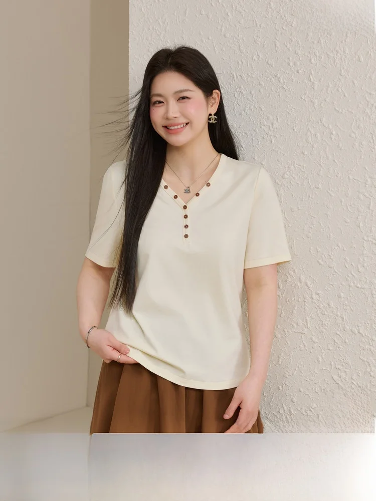 

Loose Feel Mixed Fiber V-Neck T-Shirt Korean Style Commute Wind plus Size Women's Summer New Arrival Slimming Show Big Size