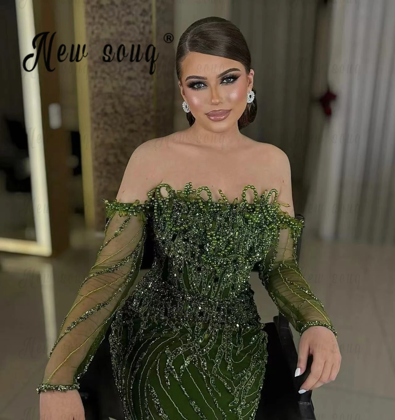 Vestido de festa com pescoço no barco e pérolas, verde escuro, vestidos de noiva de Dubai, segunda recepção, 2022