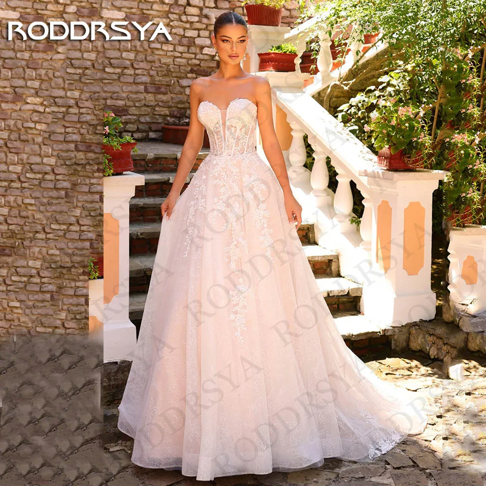 RODDRSYA Strapless A Line Trouwjurken voor Bruid gewaden de mariée Lace Sweetheart Neck Appliques Tulle Mouwloze Bruidsjurk Strapless A-lijn Trouwjurken Voor Bruid  bruidsjurken kant Sweetheart hals  Applicaties Tule M