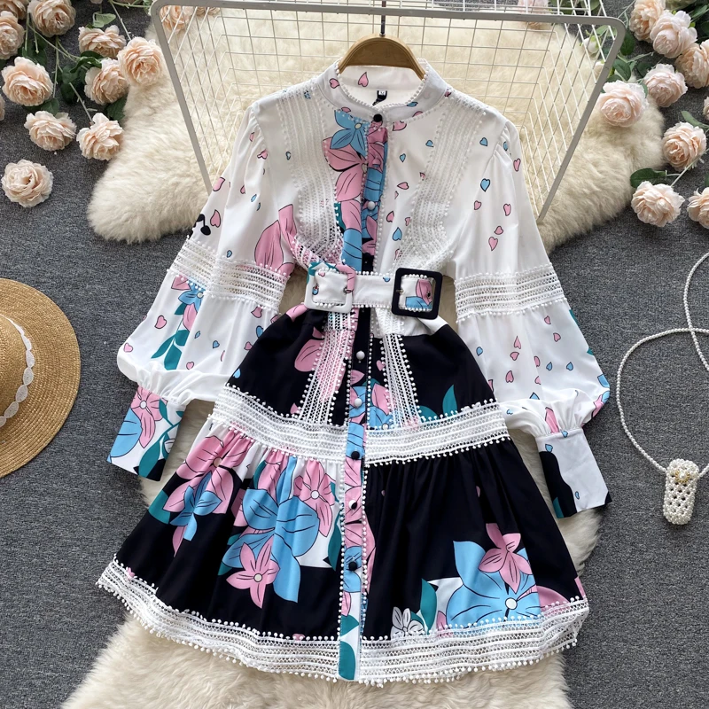 Moda splice laço feminino vestido elegante verão 2022 único breasted faixas lanterna mangas senhoras sólido a linha vestidos