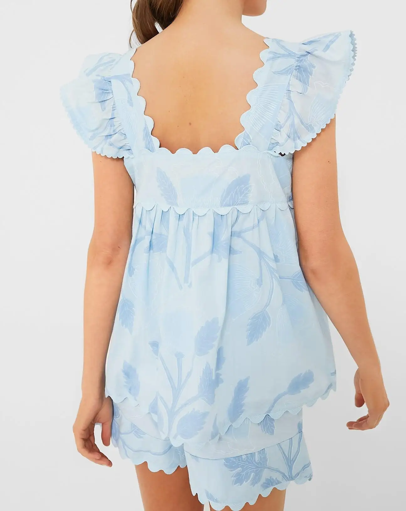 빈티지 2025 여름 반바지 세트 스카이 블루 여성 투피스 의상 스몰 플라잉 슬리브 프린트 탑 + 반바지 슈트 S M L