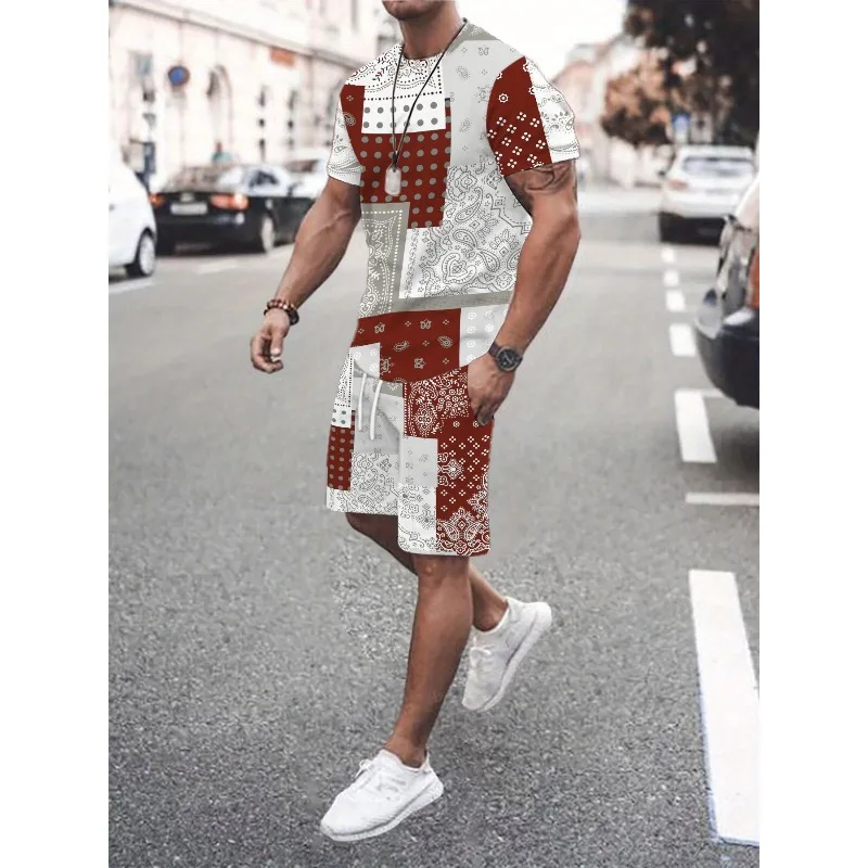 2025 Summer Men's Casual 3D Digital Printed 2-piece Set Short Sleeve Round Neck T-shirt Sports Shorts Outdoor Wear
