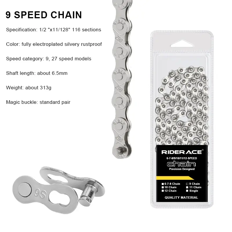RIDERACE Fahrradkette 116L 8 9 10 11 12-Gang Silber Ultraleichte Mountainbike-Rennradkette für 24/27/30 Kette mit variabler Geschwindigkeit