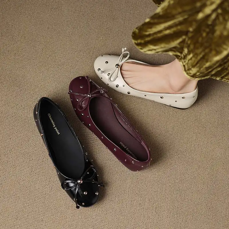 كرازينغ وعاء جلد البقر جولة تو المرأة الصيف راقصة الباليه الشارع ارتداء راقصة الباليه المسامير المعدنية الضحلة فراشة عقدة الشقق #2