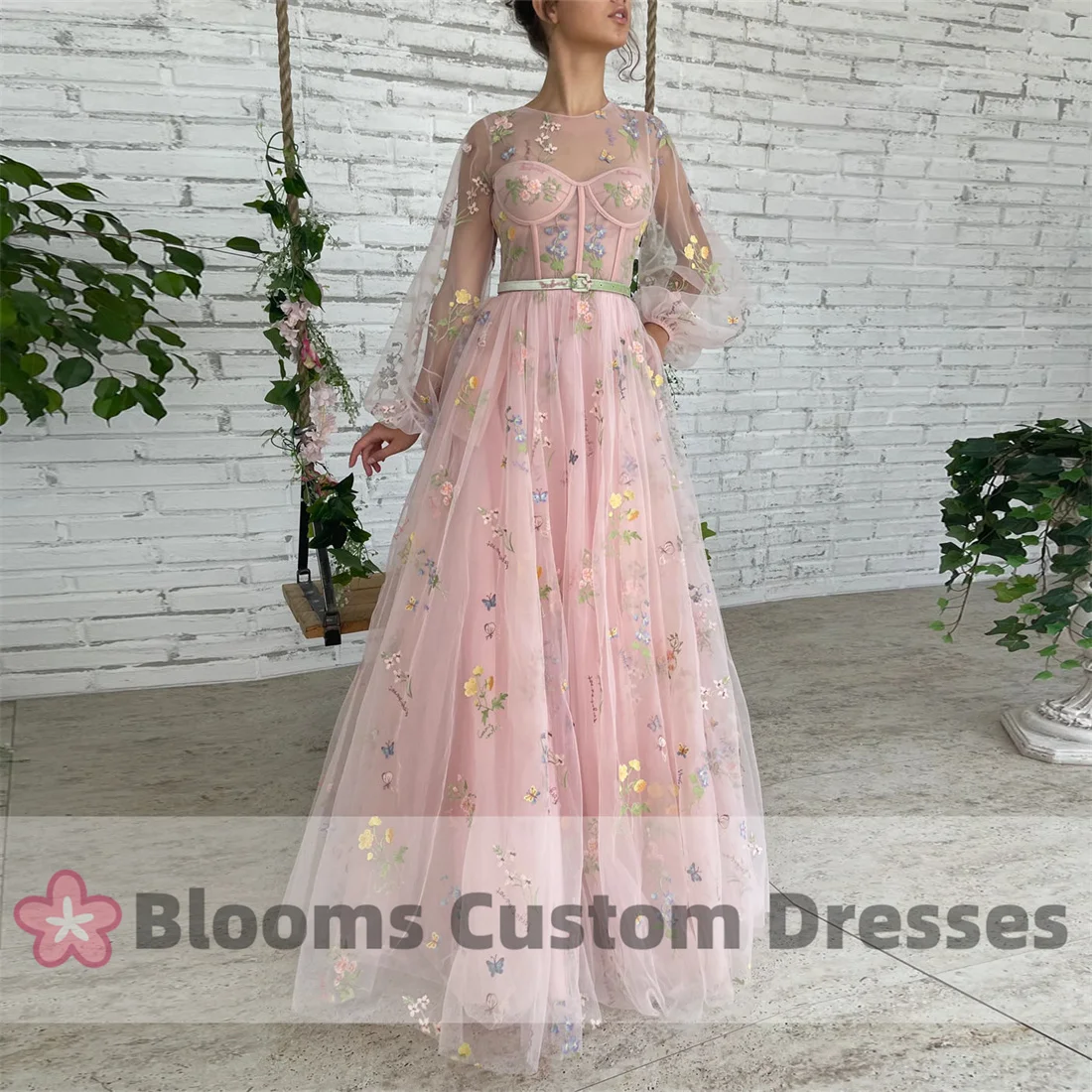 

Blooms Puff Long Sleeves Embroidery Flower Tulle A-line Prom Dresses Pink Sweet Draped Long Party Gown Homecoming Dress