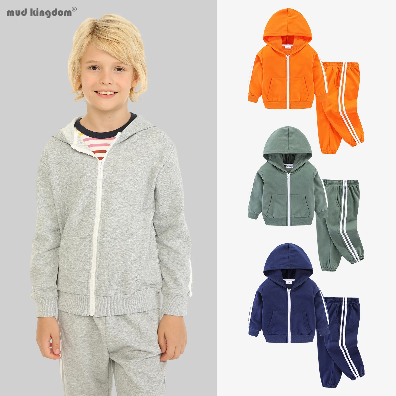 

Детский комплект одежды Mudkingdom с верхом и низом, толстовка на молнии, пальто с длинными рукавами, повседневная одежда, спортивный костюм для мальчиков, комплекты из двух предметов